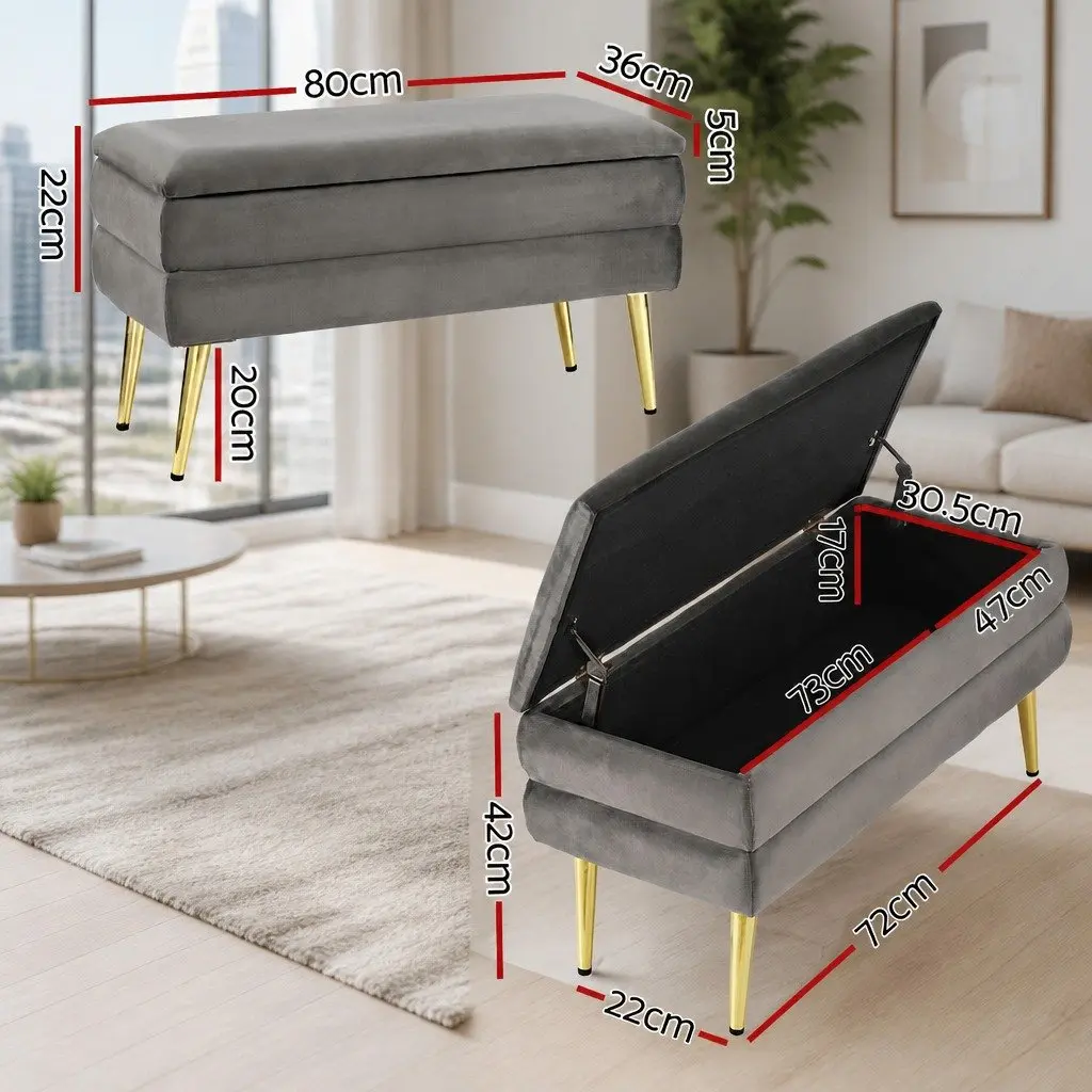 Grey Velvet Storage Footstool Ottoman