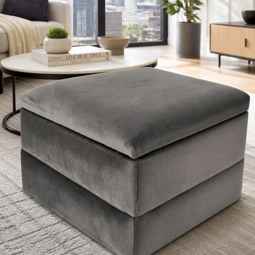 Grey Velvet Storage Footstool Ottoman