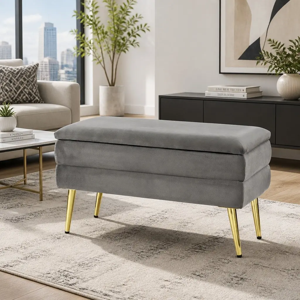 Grey Velvet Storage Footstool Ottoman