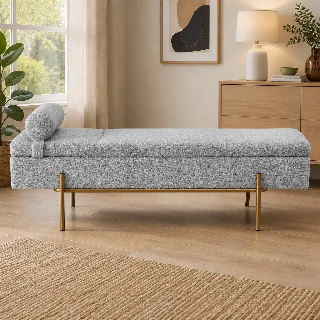 Storage Ottoman Bed 140cm Grey Boucle Detachable Pillow Footstool Hidden Storage