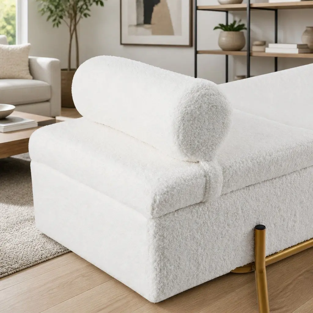 Storage Ottoman Living Room 140cm White Boucle Fabric with Detachable Pillow and Hidden Compartment