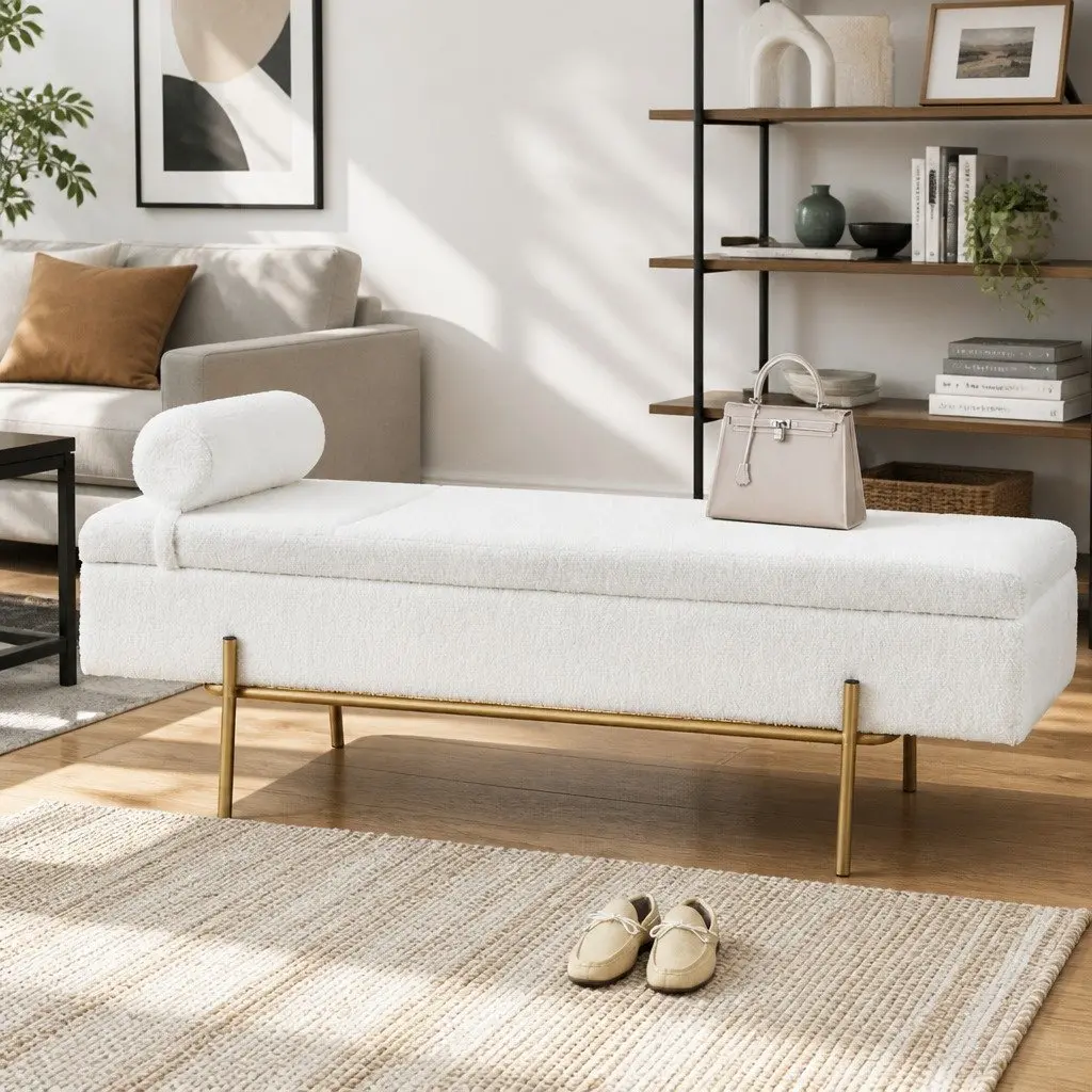 Storage Ottoman Living Room 140cm White Boucle Fabric with Detachable Pillow and Hidden Compartment