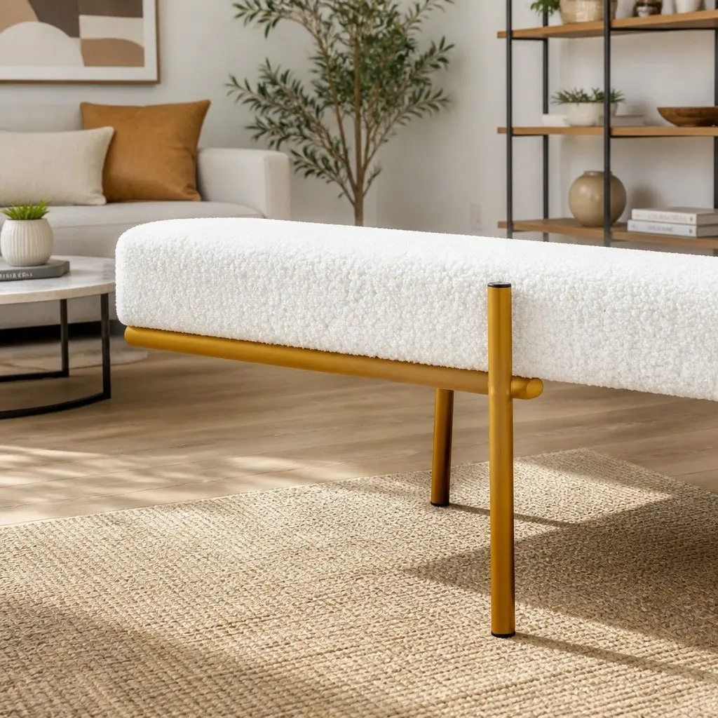 Storage Ottoman Living Room 140cm White Boucle Fabric with Detachable Pillow and Hidden Compartment