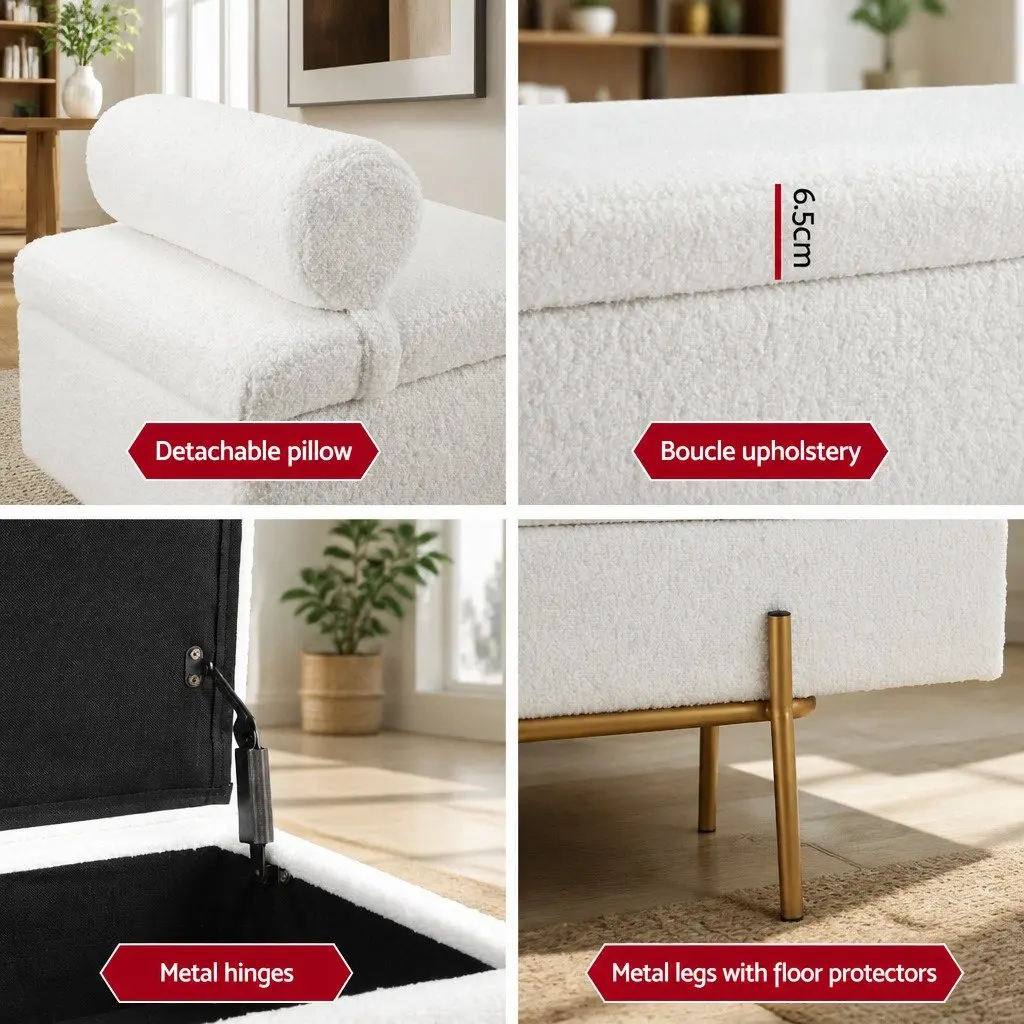 Storage Ottoman Living Room 140cm White Boucle Fabric with Detachable Pillow and Hidden Compartment