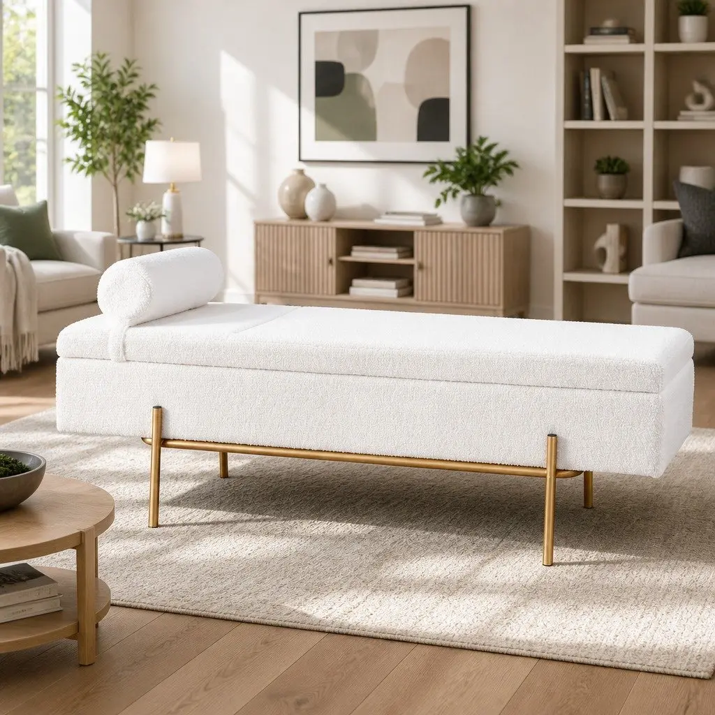 Storage Ottoman Living Room 140cm White Boucle Fabric with Detachable Pillow and Hidden Compartment