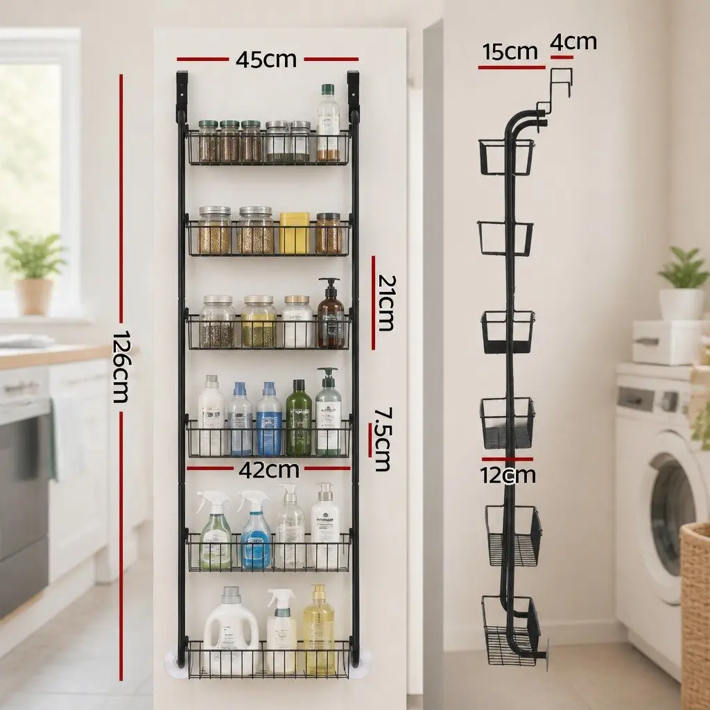 Over Door Storage Organiser Metal Rack Hanger Hook 6-Tier Black Set of 2