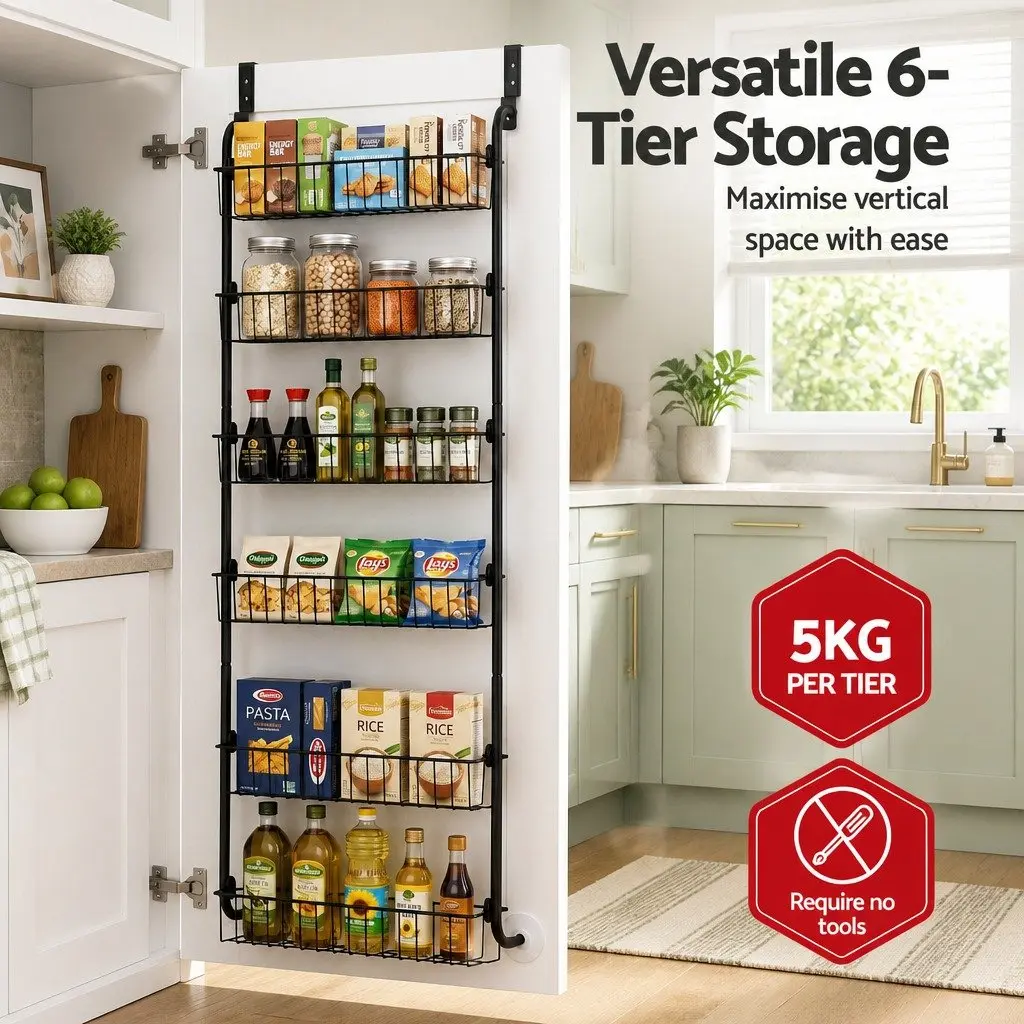 Over Door Storage Organiser Metal Rack Hanger Hook 6-Tier Black Set of 2