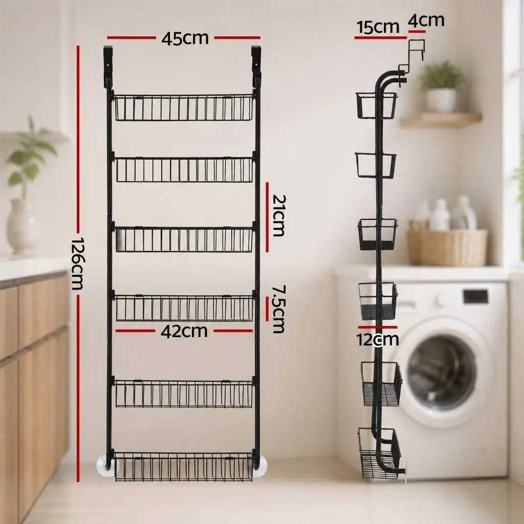 Over Door Storage Organiser for Kitchen Bathroom Laundry 6-Tier Metal Hook Hanger Black
