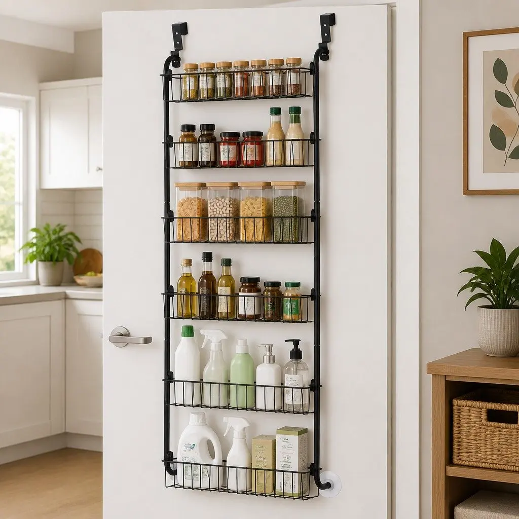 Over Door Storage Organiser for Kitchen Bathroom Laundry 6-Tier Metal Hook Hanger Black
