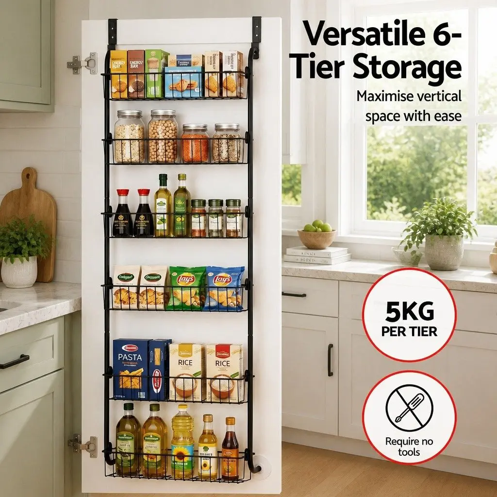 Over Door Storage Organiser for Kitchen Bathroom Laundry 6-Tier Metal Hook Hanger Black