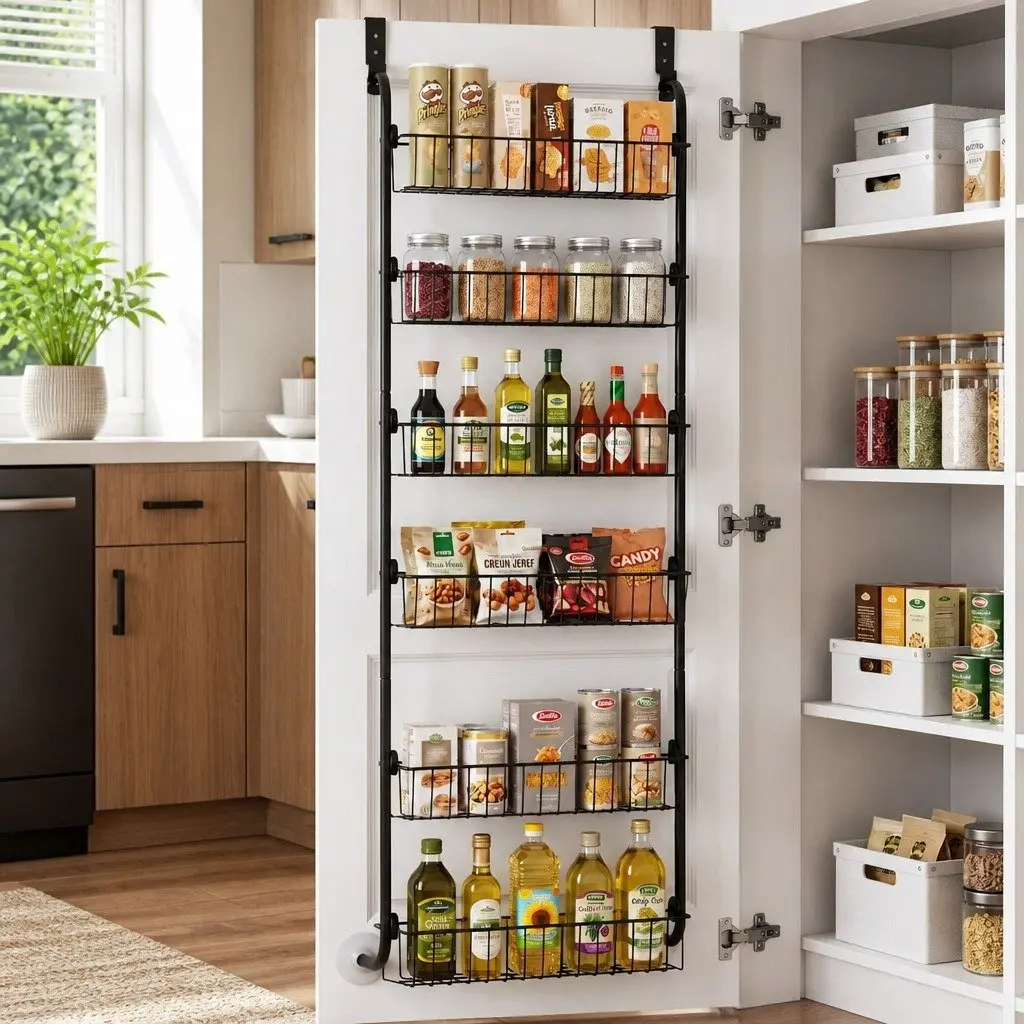 Over Door Storage Organiser for Kitchen Bathroom Laundry 6-Tier Metal Hook Hanger Black