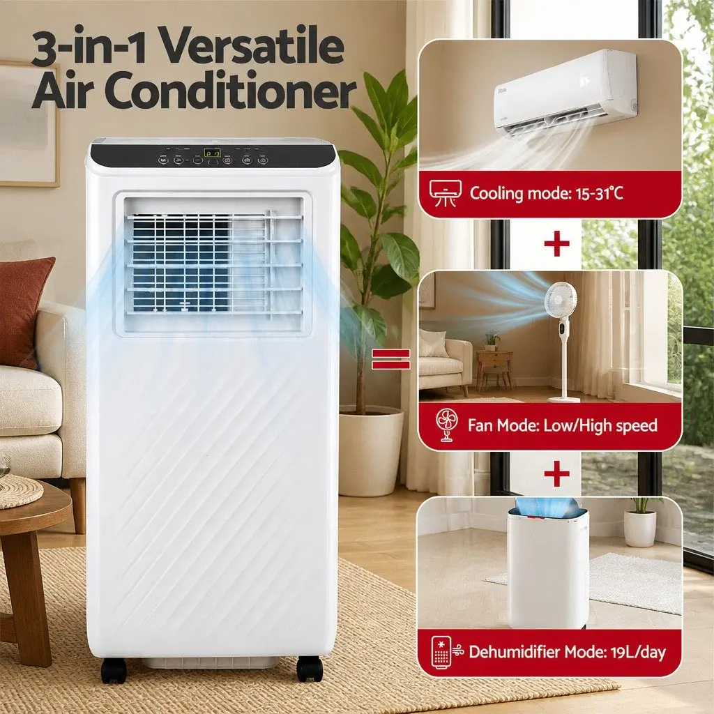 Portable Air Conditioner 7000BTU Cooling Dehumidifier Fan 3-in-1 Unit White for Rooms up to 14㎡