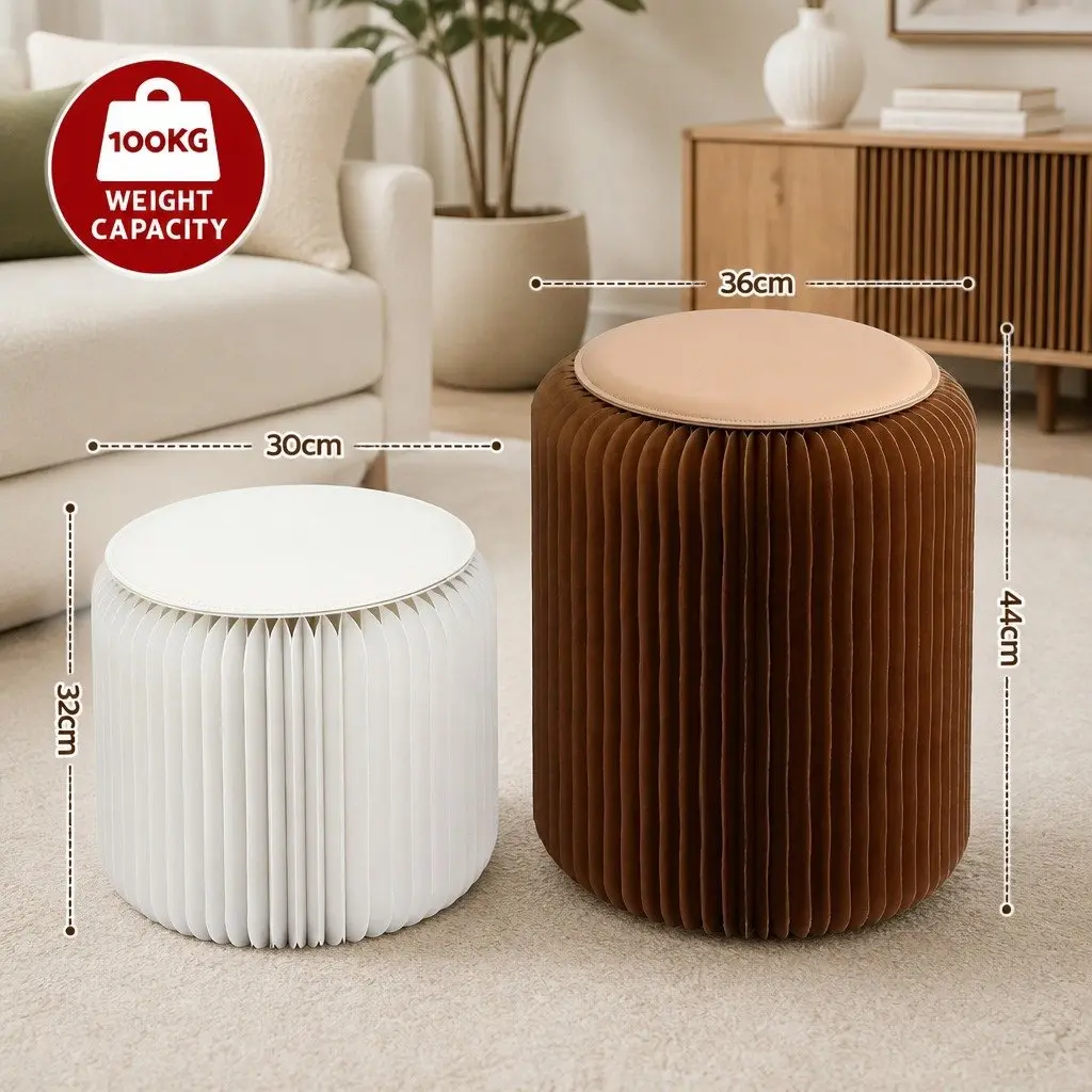 Accordion Folding Paper Stool Set for Living Room with Cushions 2 Piece