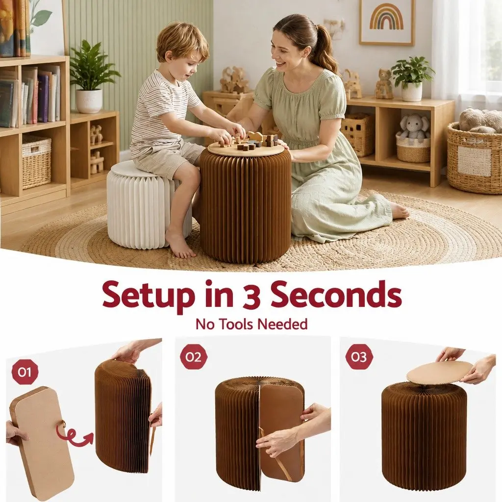 Accordion Folding Paper Stool Set for Living Room with Cushions 2 Piece