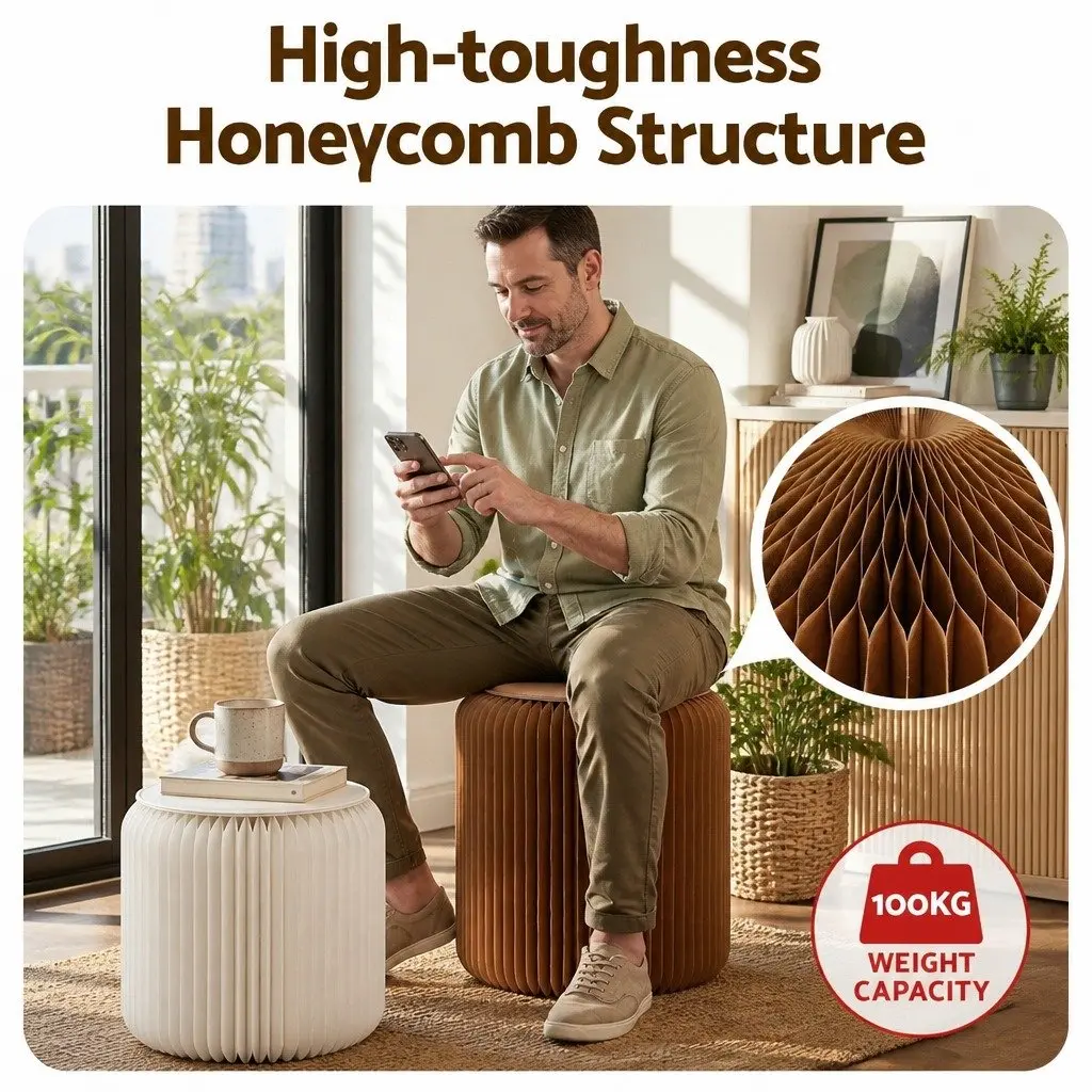 Accordion Folding Paper Stool Set for Living Room with Cushions 2 Piece