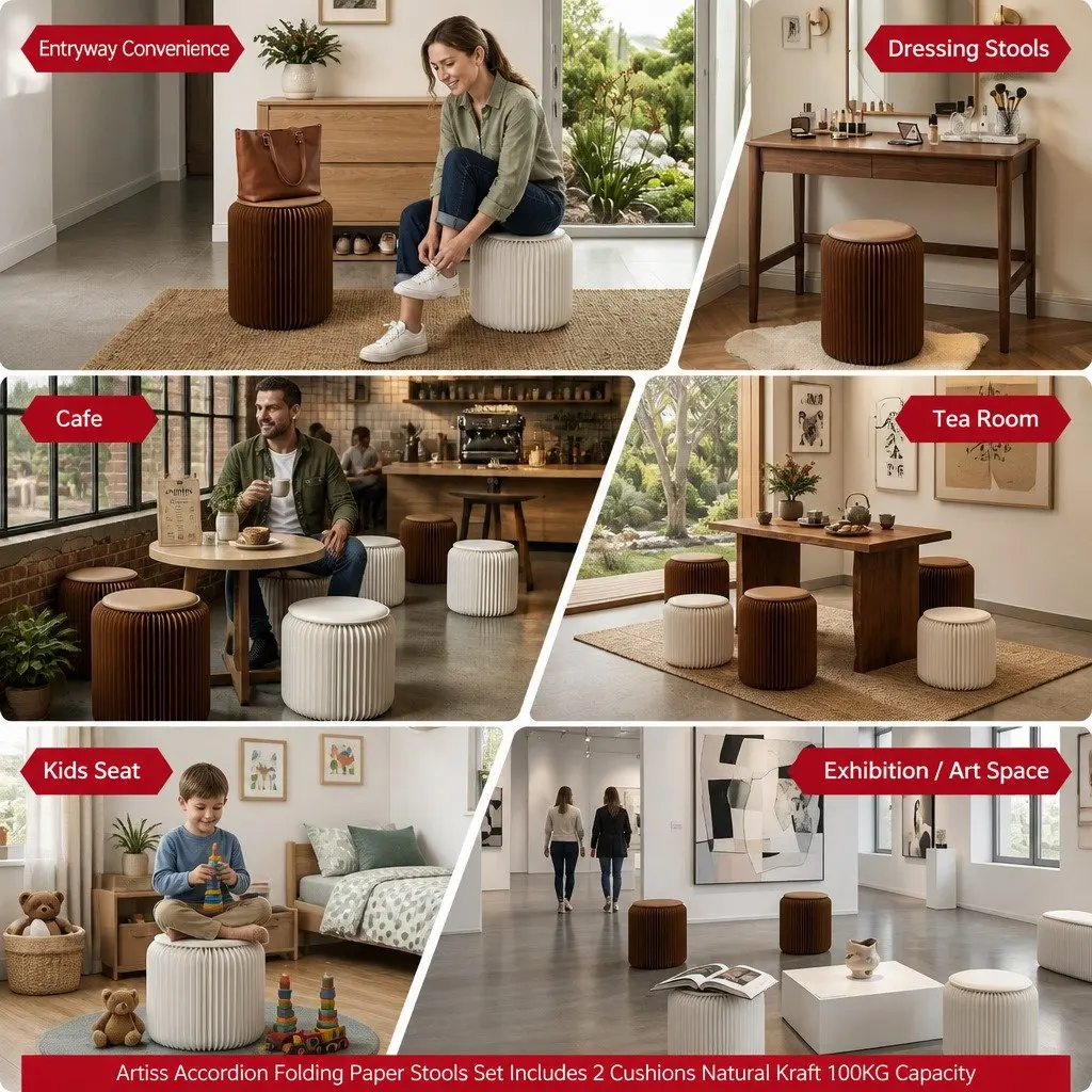 Accordion Folding Paper Stool Set for Living Room with Cushions 2 Piece