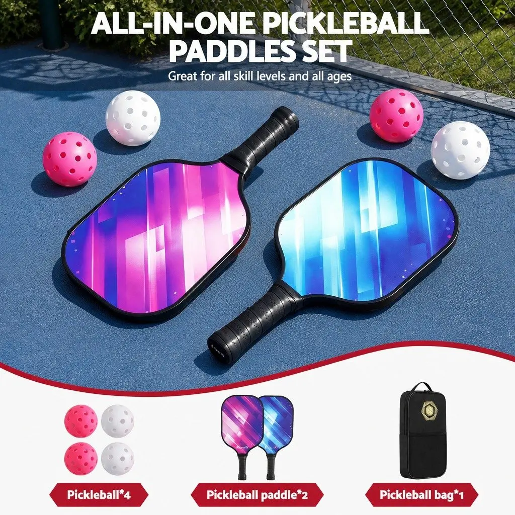 Pickleball Paddle Set Honeycomb Core Fibreglass Racquet With 4 Balls Storage Bag