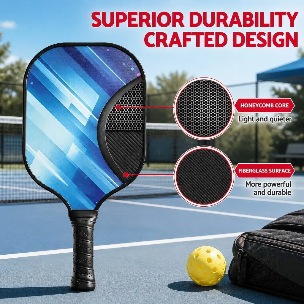 Pickleball Paddle Set Honeycomb Core Fibreglass Racquet With 4 Balls Storage Bag