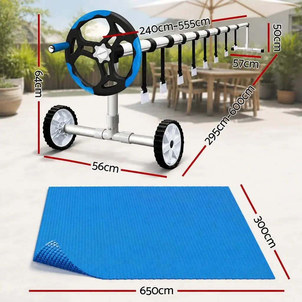 Solar Pool Cover 6.5m x 3m, 600 Micron with Adjustable Roller