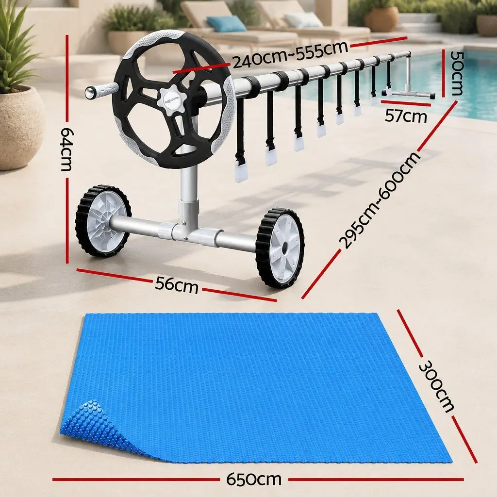 Solar Pool Cover 6.5m x 3m 600 Micron with Aluminium Roller 5.55m Wide Blue Bubble