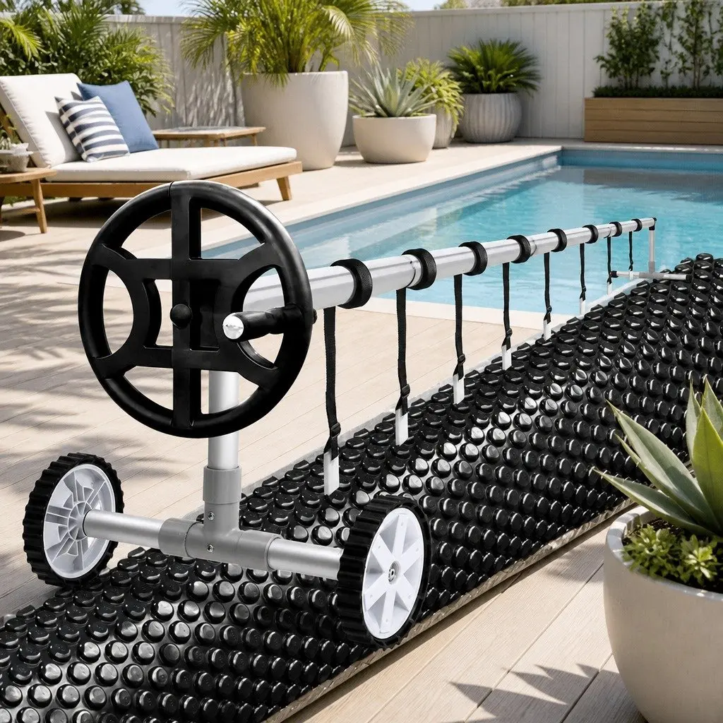 Pool Cover 7x4m Solar Blanket with Aluminium Roller Crank Black Blue