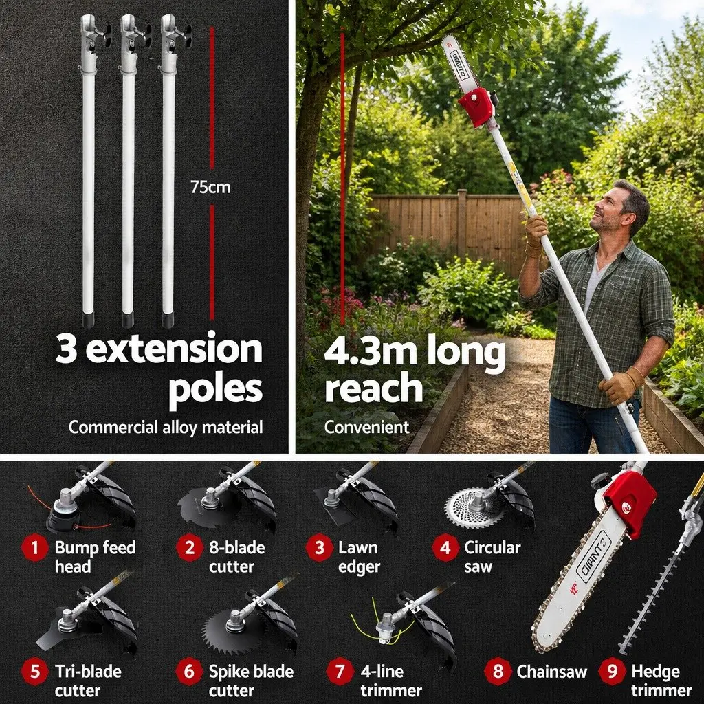 Pole Chainsaw Garden Tool 12 Inch 9 in 1 Long Reach 52cc Petrol Two Stroke