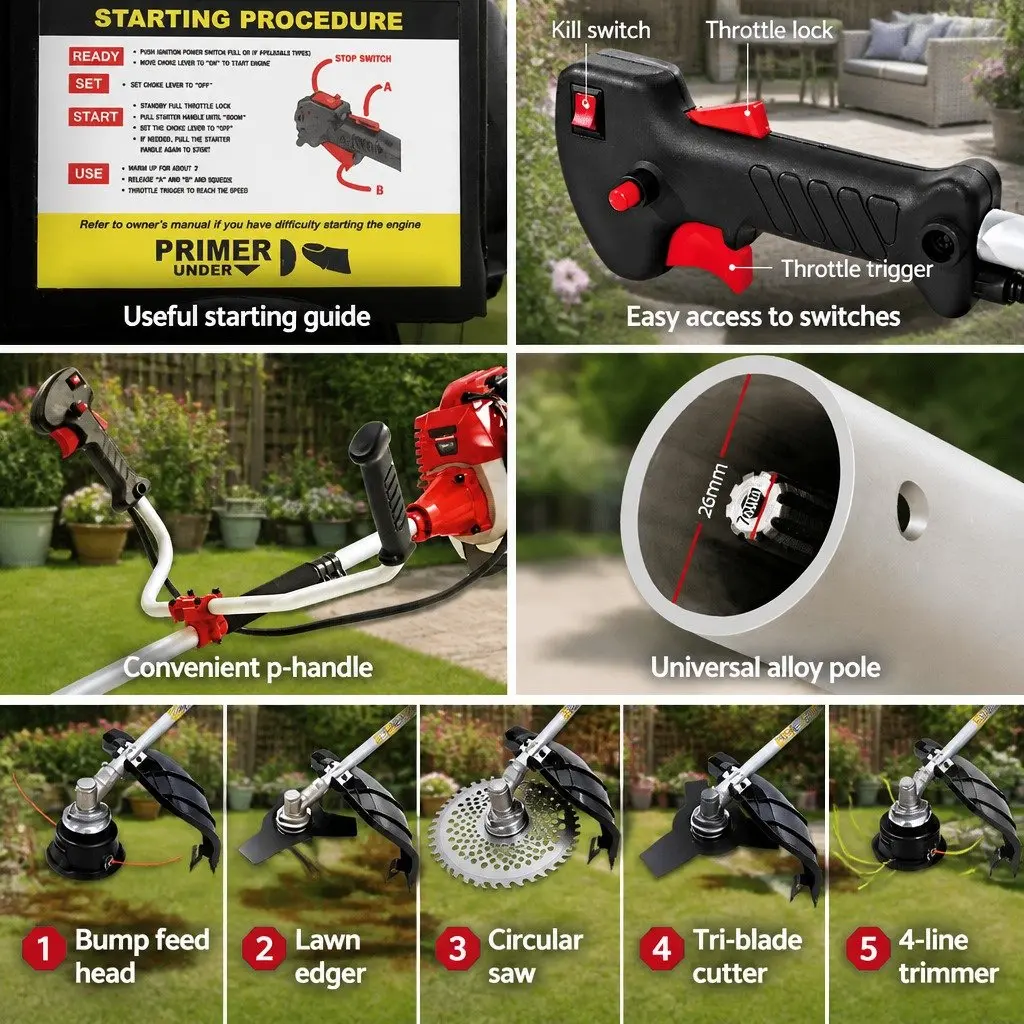 Pole Chainsaw Petrol Hedge Trimmer Tree Pruner 5 In 1 Multi-Tool Red 52cc
