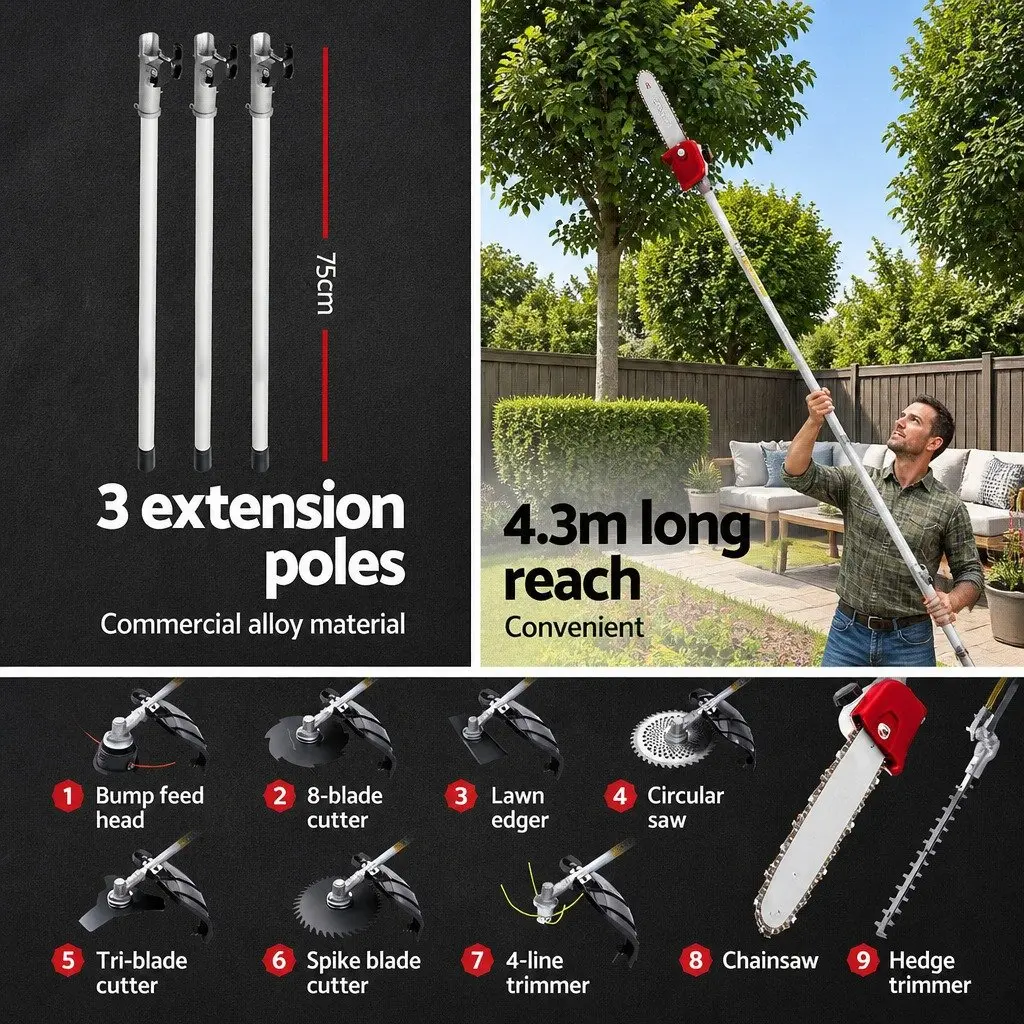 Pole Chainsaw Multi Tool 9 In 1 52cc Petrol Powered for Garden Maintenance with Extension Poles and Attachments