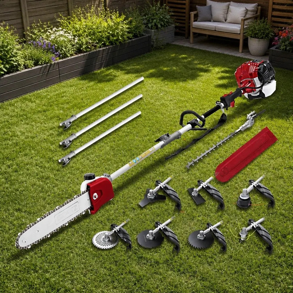 Pole Chainsaw Multi Tool 9 In 1 52cc Petrol Powered for Garden Maintenance with Extension Poles and Attachments