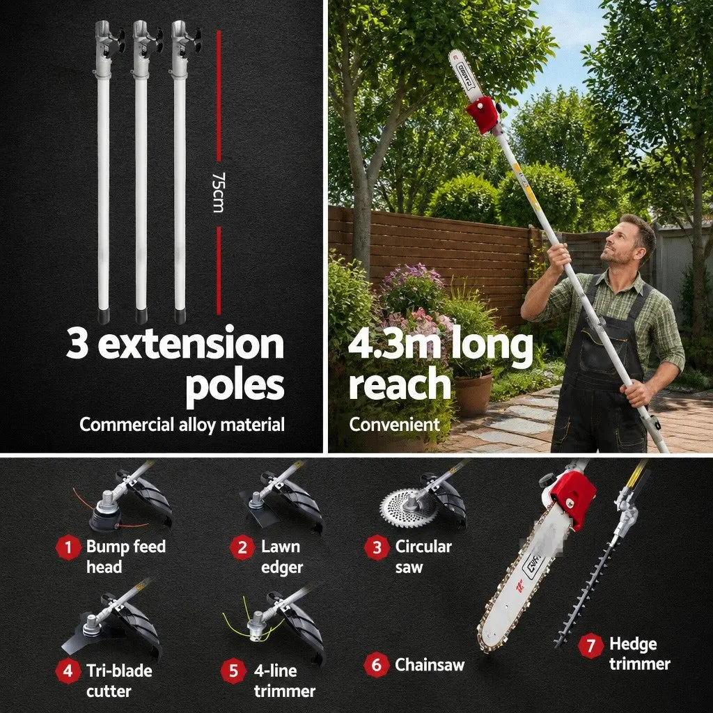 Pole Chainsaw 52cc 7 in 1 Petrol for Trimming Cutting Pruning with Extension Poles