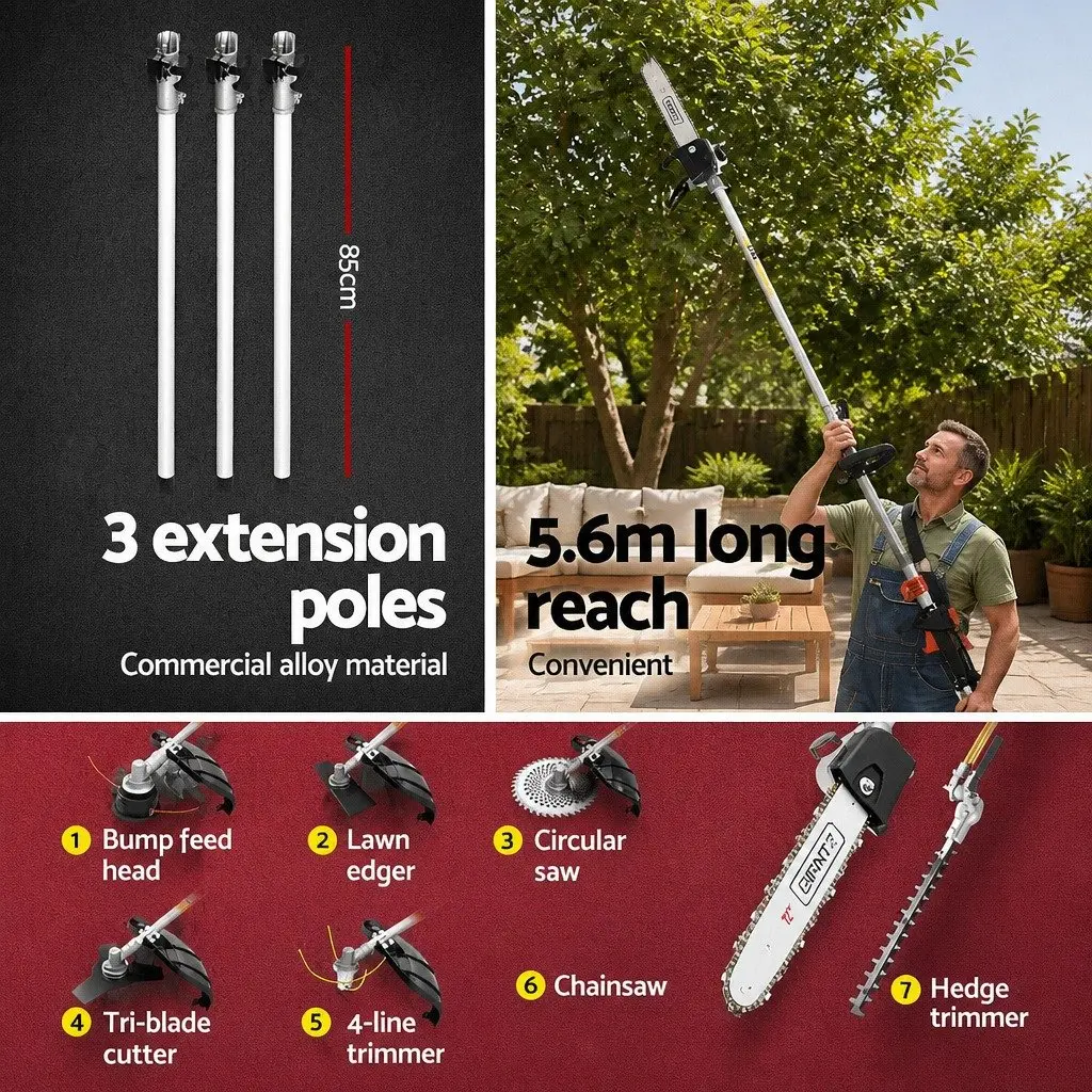 65CC Petrol Pole Chainsaw 7-in-1 Multi-Tool Hedge Trimmer Brush Cutter Whipper