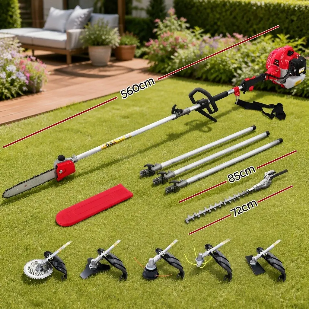 65CC Pole Chainsaw Garden Tool 7-in-1 with Hedge Trimmer Brush Cutter Whipper Snipper and 3 Extension Poles for High Reach Gardening
