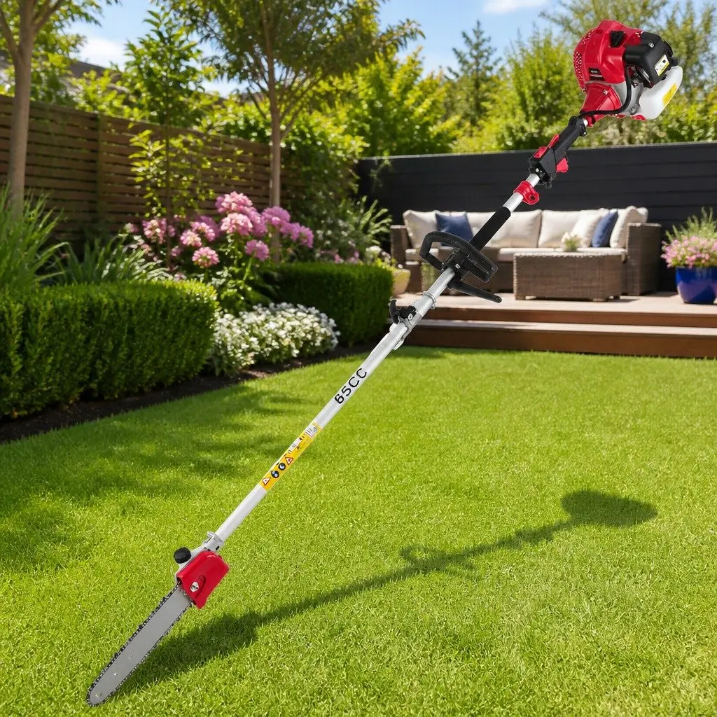 65CC Pole Chainsaw Garden Tool 7-in-1 with Hedge Trimmer Brush Cutter Whipper Snipper and 3 Extension Poles for High Reach Gardening