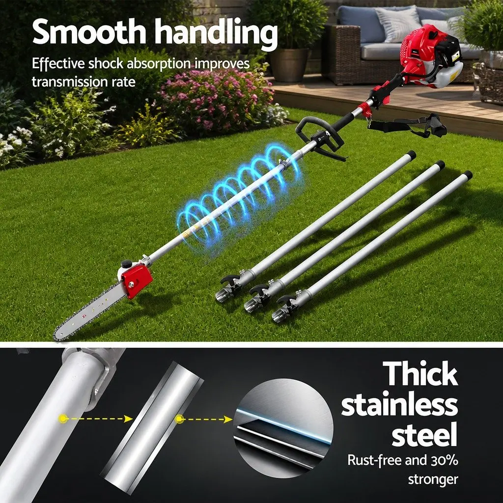 65CC Pole Chainsaw Garden Tool 7-in-1 with Hedge Trimmer Brush Cutter Whipper Snipper and 3 Extension Poles for High Reach Gardening