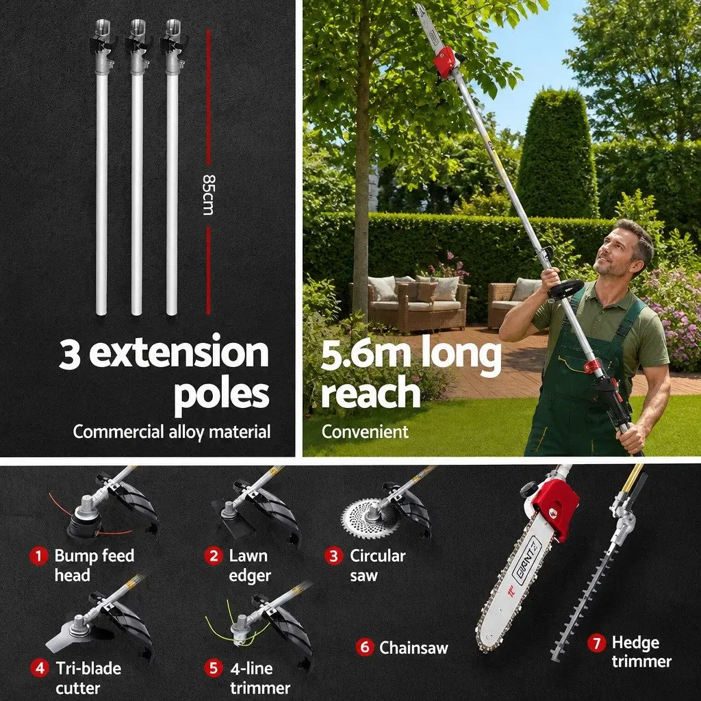 65CC Pole Chainsaw Garden Tool 7-in-1 with Hedge Trimmer Brush Cutter Whipper Snipper and 3 Extension Poles for High Reach Gardening
