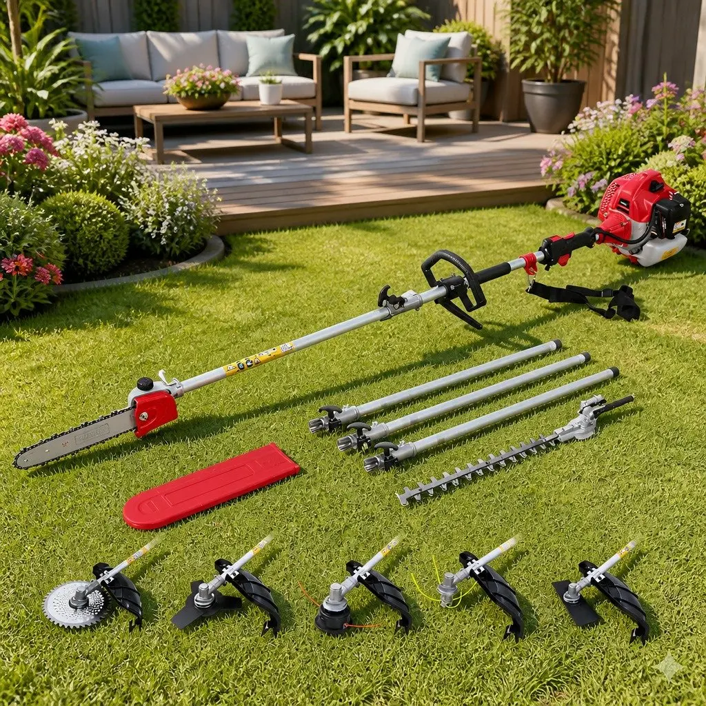 65CC Pole Chainsaw Garden Tool 7-in-1 with Hedge Trimmer Brush Cutter Whipper Snipper and 3 Extension Poles for High Reach Gardening