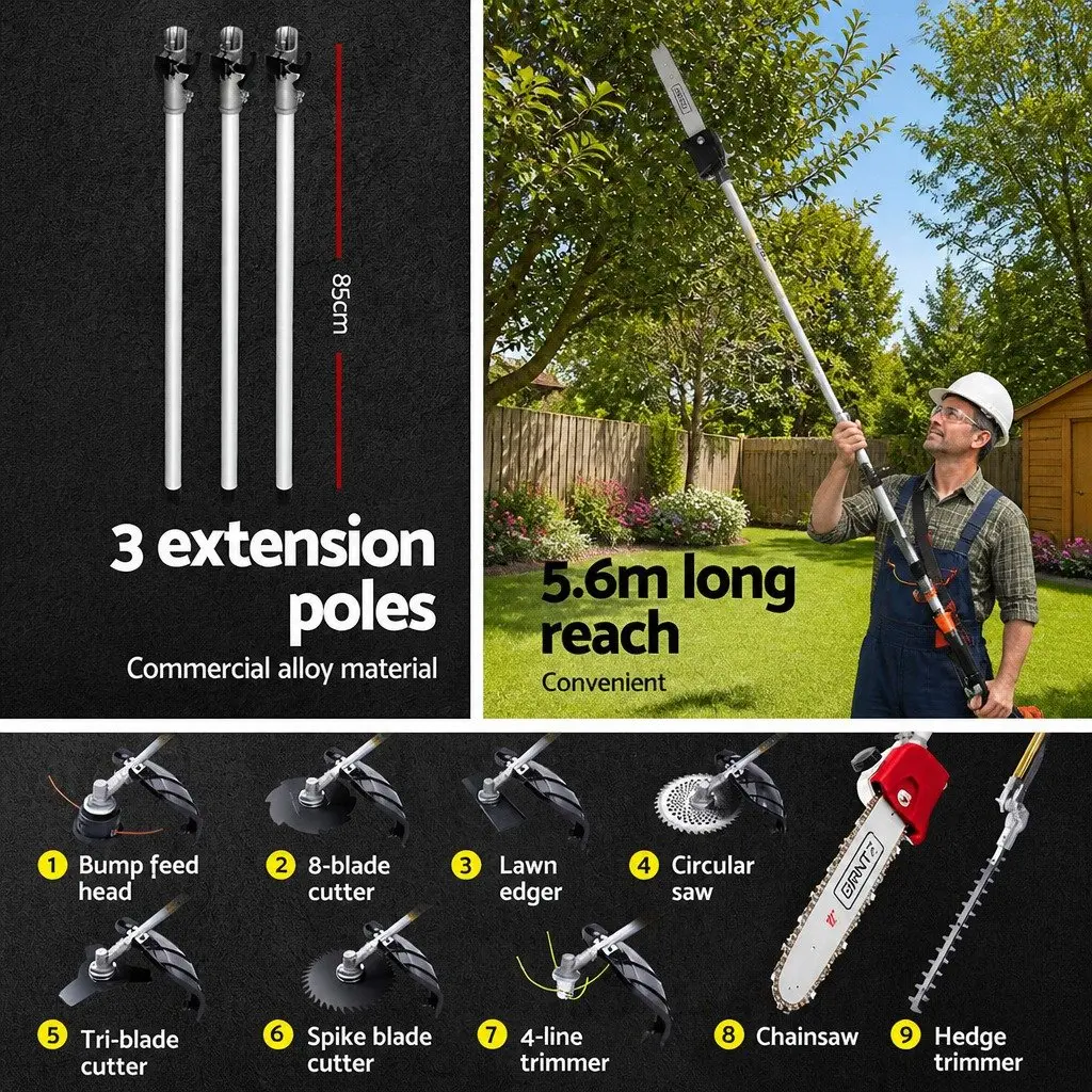 62CC Pole Chainsaw Hedge Trimmer Brush Cutter Whipper Snipper 9-in-1 Garden Tool