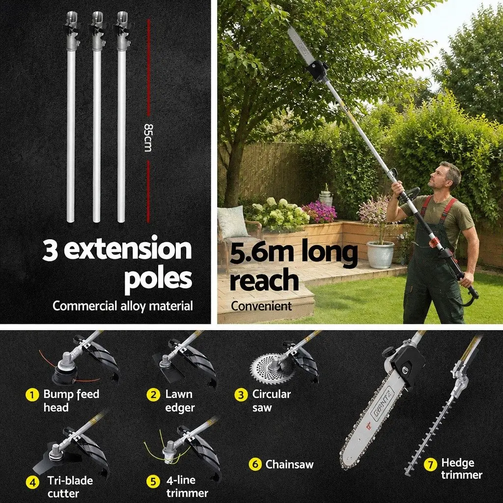 62cc Pole Chainsaw Hedge Trimmer with 7 Interchangeable Tools