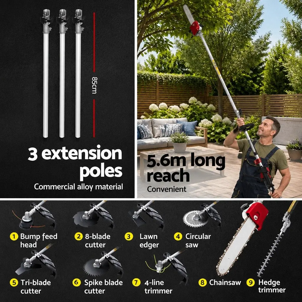 62CC Pole Chainsaw with Hedge Trimmer and Attachments