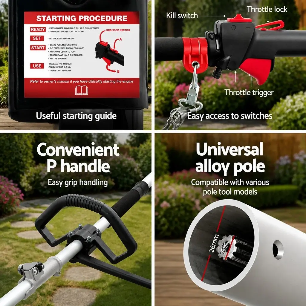 62CC Pole Chainsaw with Hedge Trimmer & Brush Cutter
