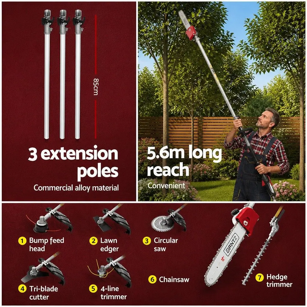 62CC Pole Chainsaw with Hedge Trimmer & Brush Cutter