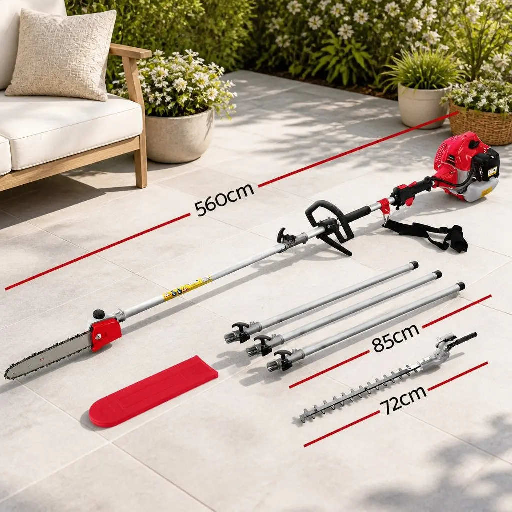 62CC Petrol Pole Chainsaw Hedge Trimmer 12in Bar 5.6m Reach Extension Poles