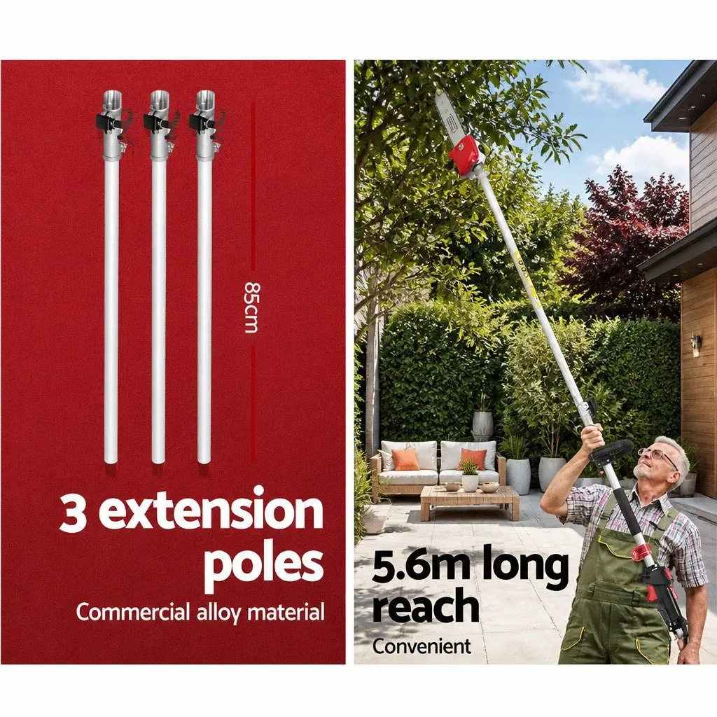 62CC Petrol Pole Chainsaw Hedge Trimmer 12in Bar 5.6m Reach Extension Poles
