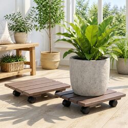 Plant Caddy Rolling Cart 2PC HDPE Lockable Wheels Pot Mover Brown Garden Indoor