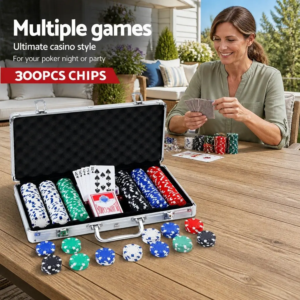 300 Piece Poker Chips Set for Texas Hold'em Game with Playing Cards Dice and Dealer Buttons in Lockable Aluminium Case