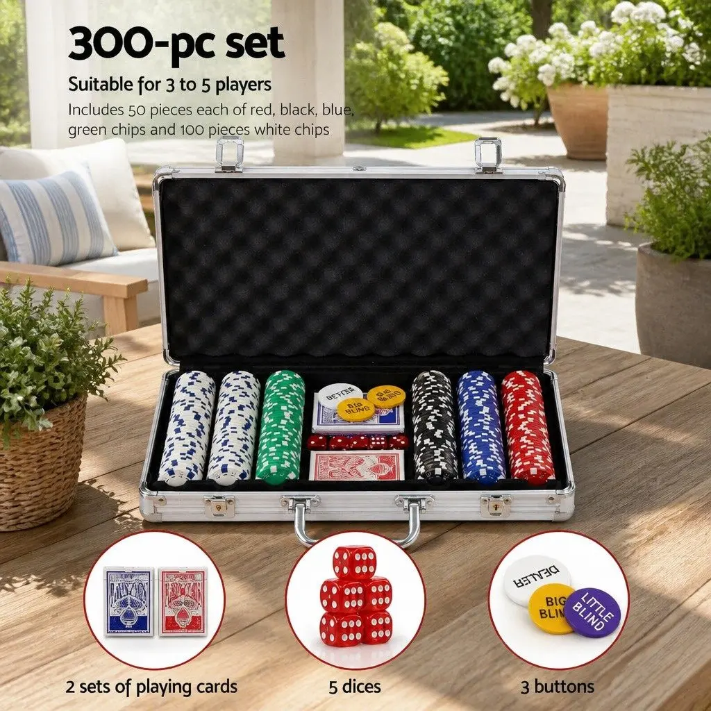 300 Piece Poker Chips Set for Texas Hold'em Game with Playing Cards Dice and Dealer Buttons in Lockable Aluminium Case