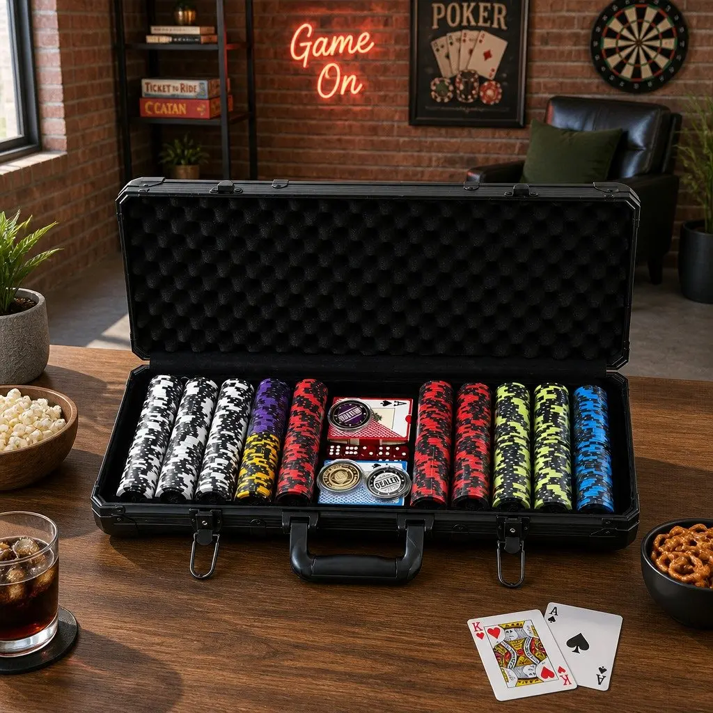 Poker Chip Set for Casino Party Game 500 Piece 14g Heavyweight Chips with Dice and Cards in Lockable Aluminium Carry Case