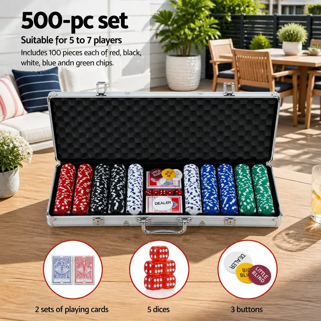 500 Piece Poker Chips Set for Texas Hold'em Game with Cards Dices and Buttons