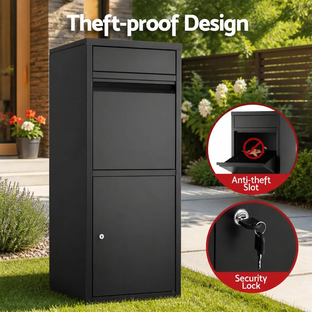 Parcel Drop Box Mailbox Package Steel Frame 2 Slot Large Storage Black