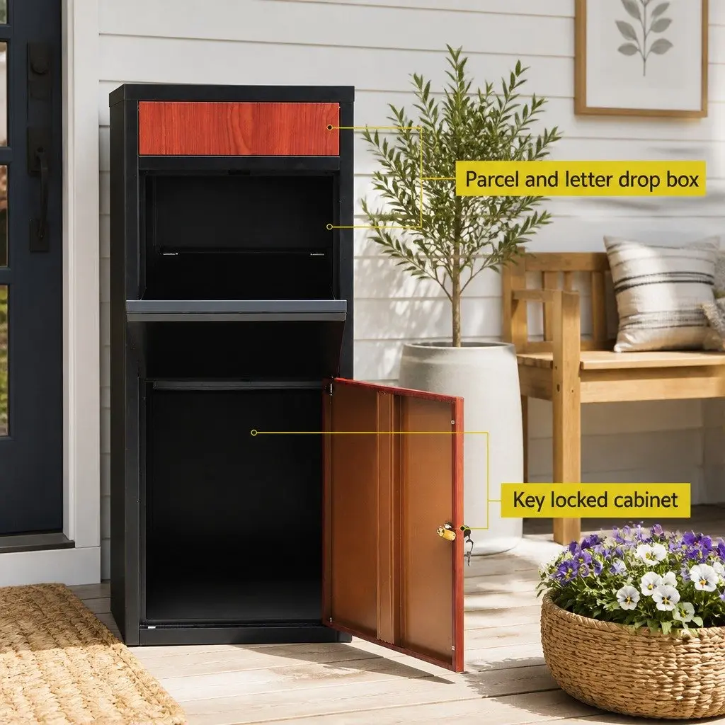 Parcel Drop Box Freestanding Storage Cabinet Black Steel 42cm x 38cm x 102cm